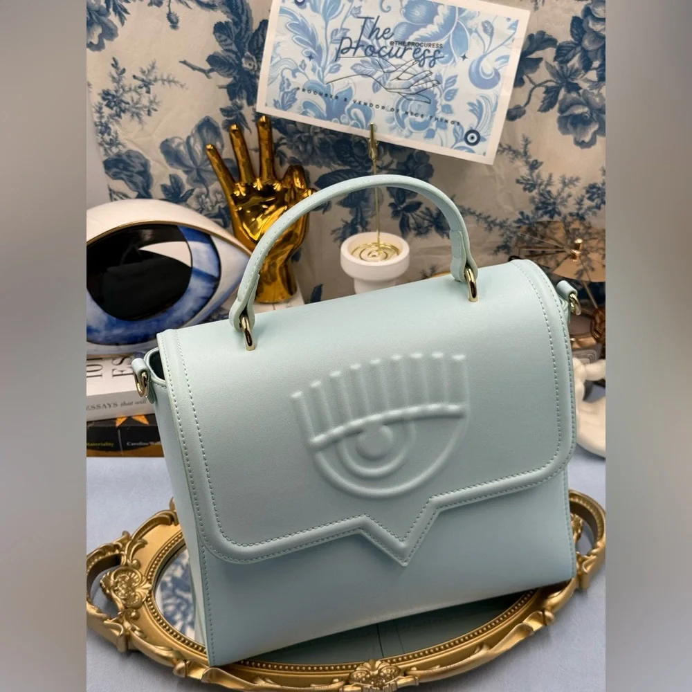🆕 CHIARA FERRAGNI 🧿 NWOT Pale Blue Eyelike Tote Bag, Top Handle, Chain & Strap